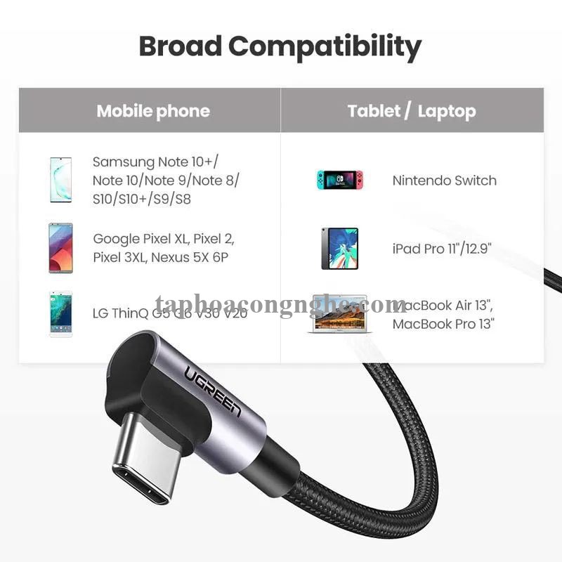 Ugreen 70528 0.5M PD 3A 20v 60W 2 đầu bẻ góc 90 độ cáp USB type C ra USB type C đầu nhôm mạ nickel chống nhiễu US323 30070528